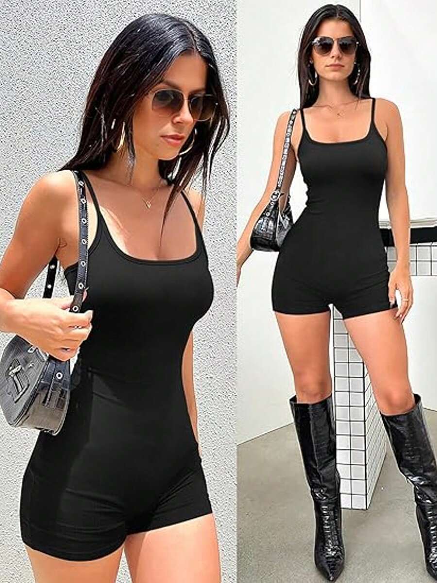 Women Workout Seamless Jumpsuit Yoga Ribbed Bodycon One Piece Spaghetti Strap Shorts Romper - Black - View 1