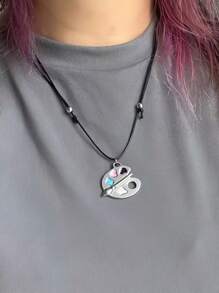 1pc Color Palette Hollow Pendant Necklace, Unisex Stainless Steel Leather Cord Fashion Punk Jewelry For Daily & Party Outfit