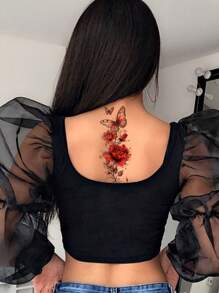 2pcs Temporary Tattoo Stickers, Featuring A Red Butterfly And Rose Design. Waterproof Temporary Tattoo Stickers, Suitable For Women's Legs, Arms And Feet. Easy To Use And Remove Temporary Tattoos, Perfect For Women's Body Art Fake Tattoos.