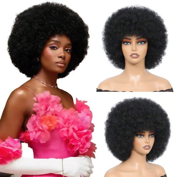 Peluca afro suave de los años 70 para mujeres, peluca de cabello rizado y rizado con fleco, peluca rizada afro corta para peluca afro puff, peluca sintética de afro grande para uso diario y de fiesta