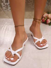 Oversized Square Toe Summer New Slides, Thin Heel Thong Sandals, Versatile Outdoor Wear Thin Heel Toe-Post Flip Flops For Women, Mesh Breathable Bowknot - White - View 3