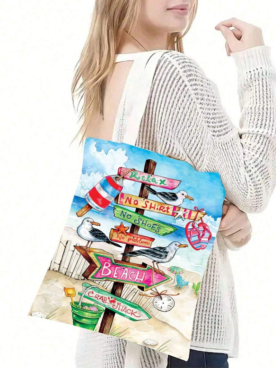 1 件沙滩旗图案帆布手提袋，耐用的购物袋，双面图案购物袋，女士单肩包，送给朋友的度假礼物，返校礼物