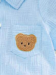 2 件套男婴街头时尚套装 - 纹理口袋熊刺绣衬衫和短裤 - 藍色 - 查看 6
