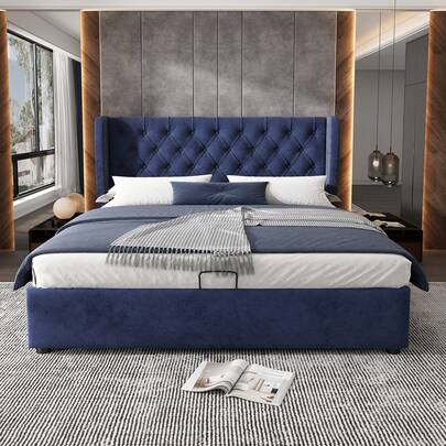  Flieks Double Bed, Upholstered Bed 135 * 190cm, Hydraulic Lever Double Bed With Storage, Double Bed Frame With Headboard (No Mattress, Velvet), Blue