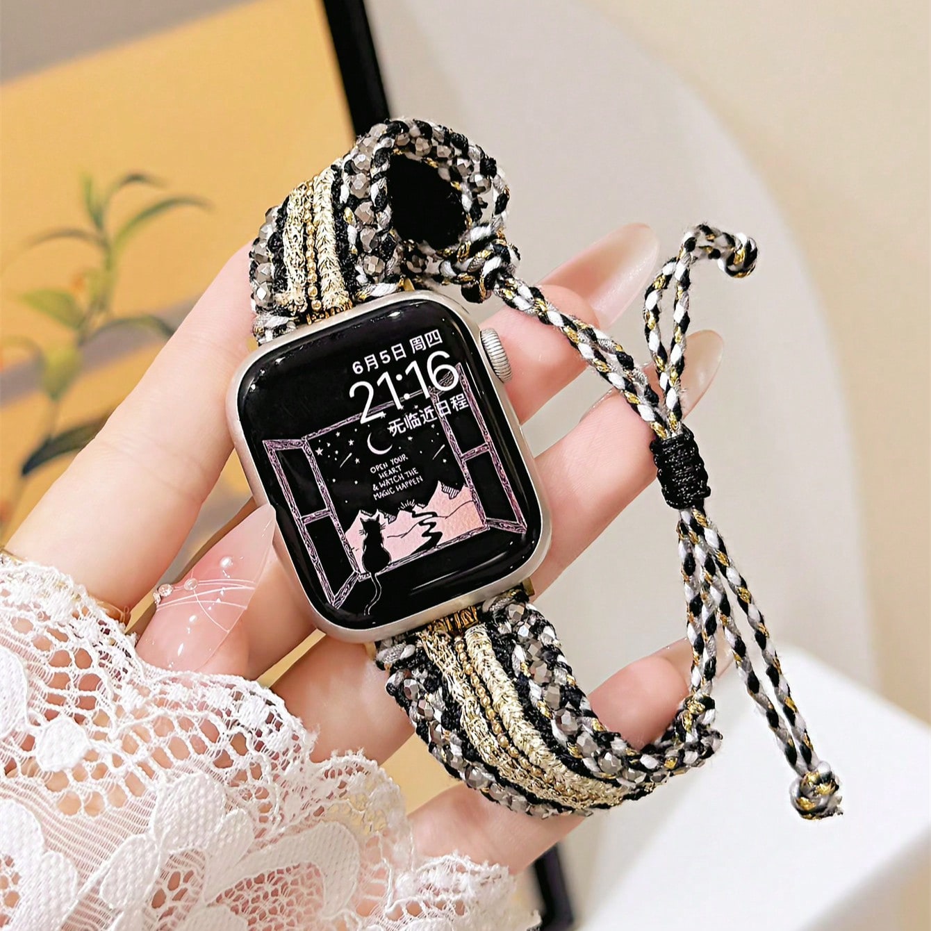 Correa de reloj compatible con Apple Watch de 38 mm, 40 mm, 41 mm, 42 mm, 44 mm, 45 mm, 49 mm, estilo bohemio, tejida a mano, para mujeres, correa de