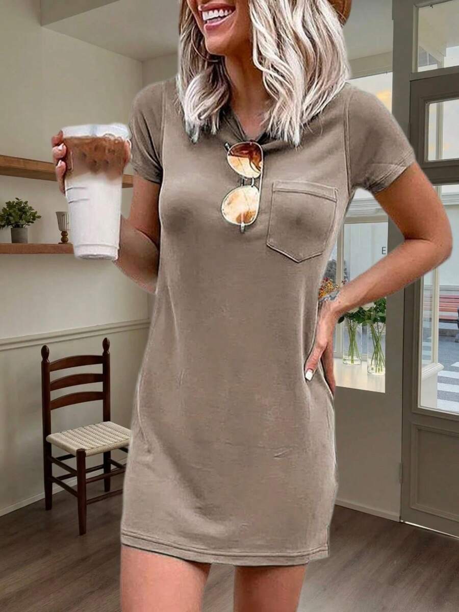 Women T Shirt Mini Dress Summer Short Sleeve Crew Neck Casual Dress With Pocket - màu nâu - Xem 1