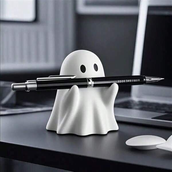 1pcGhost Pen Holder - Cute Resin Desktop Organizer For Office & Home, Halloween Decor Creative Gift, Funny Stationery Stand,Back To School,School Supplies