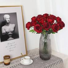 3/10支装仿真长茎丝质玫瑰花，适用于家居、婚礼、派对、万圣节、丰收节装饰、哥特式新娘捧花、维多利亚风格派对装饰 - 酒紅色 - 查看 7