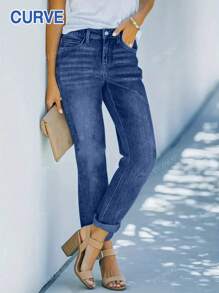 Plus Size Women Slim-Fit Versatile Street-Style Straight-Leg Jeans, Old Money Style, Back To School, Teacher, Fall, Capri Pants, Office Wear, Vintage, Mom Jeans, Summer, Bottoms, Denim, Business Casual