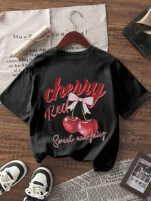 1pc Tween Girls Casual Artistic Print Round Neck Short Sleeve T-Shirt, Summer Student Youth Clothing - Inspiring Imagination And Self-Expression - Black - View 3