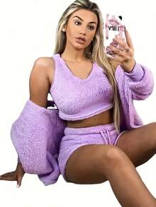 Set de pijama de 3 piezas para mujer con top corto de manga larga y pantalones cortos con cordón - Morado - Ver 2