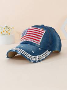 1 Piece Embroidered American Flag Baseball Cap With Diamonds, Outdoor Sun Protection Casual Hat For Boys And Girls Spring And Fall Travel Beach Vacation Use