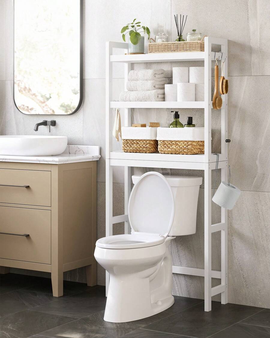 Badezimmerregal für über die Toilette, aus Bambus, 3 Ebenen, Organizer für das Badezimmer, mit verstellbaren Einlegeböden, Belastung 15 kg/Ebene, einfache Montage, Weiß - Wolkenweiß - Übersicht 1