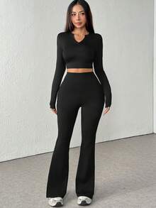 2pcs/Set Fashionable Slim Fit Solid Color T-Shirt And Sweatpants Casual Sportswear Set - Black - View 4
