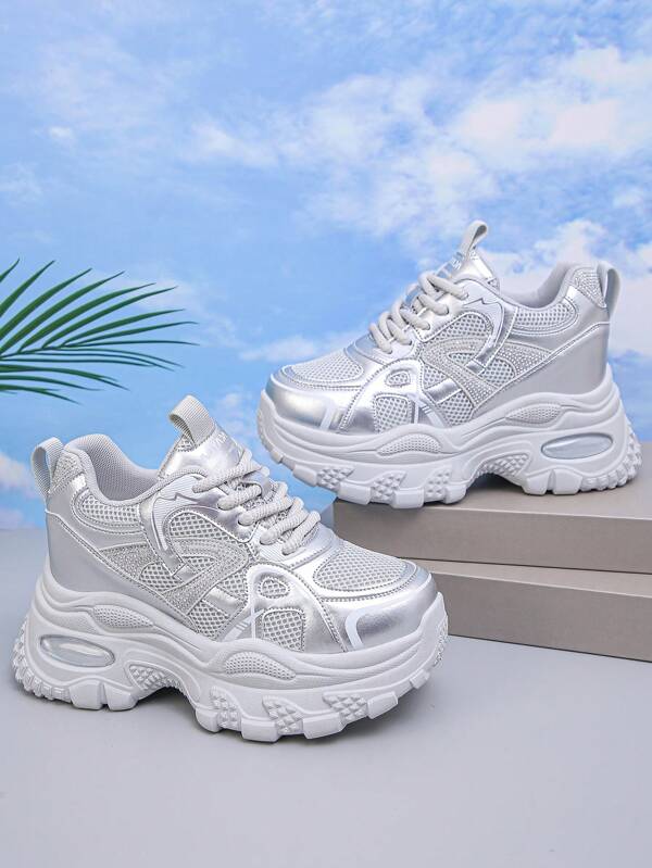 Silver, Silvery Gray Women's Breathable Mesh Sneakers, Thick Sole Summer Athletic Shoes, Lightweight Platform Women Trainers