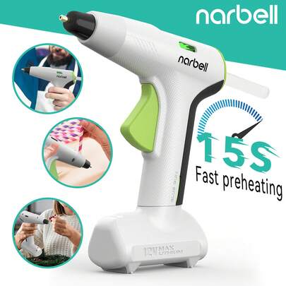 Narbell Pistola de pegamento Narbell Zuel | Pistola de pegamento recargable por USB-C con precalentamiento rápido de 15 s, anti-goteo, con 15 barras de pegamento grandes de 11 mm. Apagado inteligente. Perfecta para manualidades navideñas y proyectos DIY de vacaciones