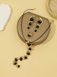 3pcs Set Fashionable Geometric Asymmetrical Spiral Shape Smooth Metal Embedded Black Oval Acrylic Exaggerated Extra Long Pendant Necklace, Metal Necklace, Earrings Set, Personalized Jewelry Set, Black Cord Y-Shaped Necklace, Pendant Necklace, Party Festival Jewelry Set, Dress Matching Jewelry Set