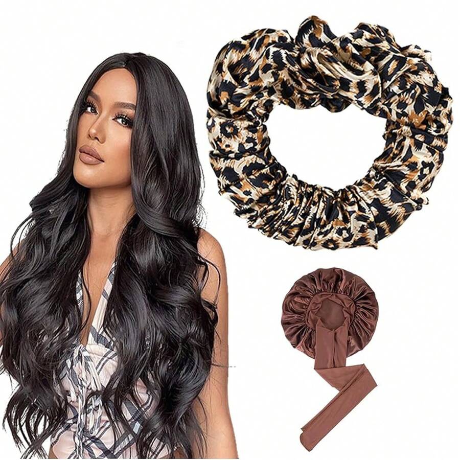 Leopard Heatless Hair Curler To Sleep In With Sleep Bonnet – Soft No Heat Curlers For Women, Comfortable Overnight Rollers For Effortless Heatless Curls Overnight-Good - Brown - View 1