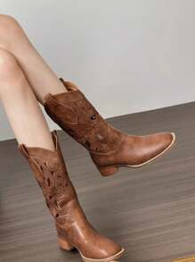 Retro Brown Western Cowboy Boots, Women Spring Autumn 2025 New V-Cut Hollow Mid-Calf Rider Boots, Vintage Style