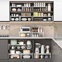 1 pieza Estantería de cocina estilo japonés de varios niveles, estantería organizadora extensible para encimera, despensa, almacenamiento multifuncional