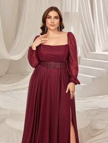 Elegantes A-Linien Partykleid mit Quadratausschnitt, Ballonärmeln und Gürtel für Damen in Große Größen, geeignet für Galas, Hochzeiten, Proms, rote Teppich Events und hochwertige Bankette - Bordeaux - Übersicht 6