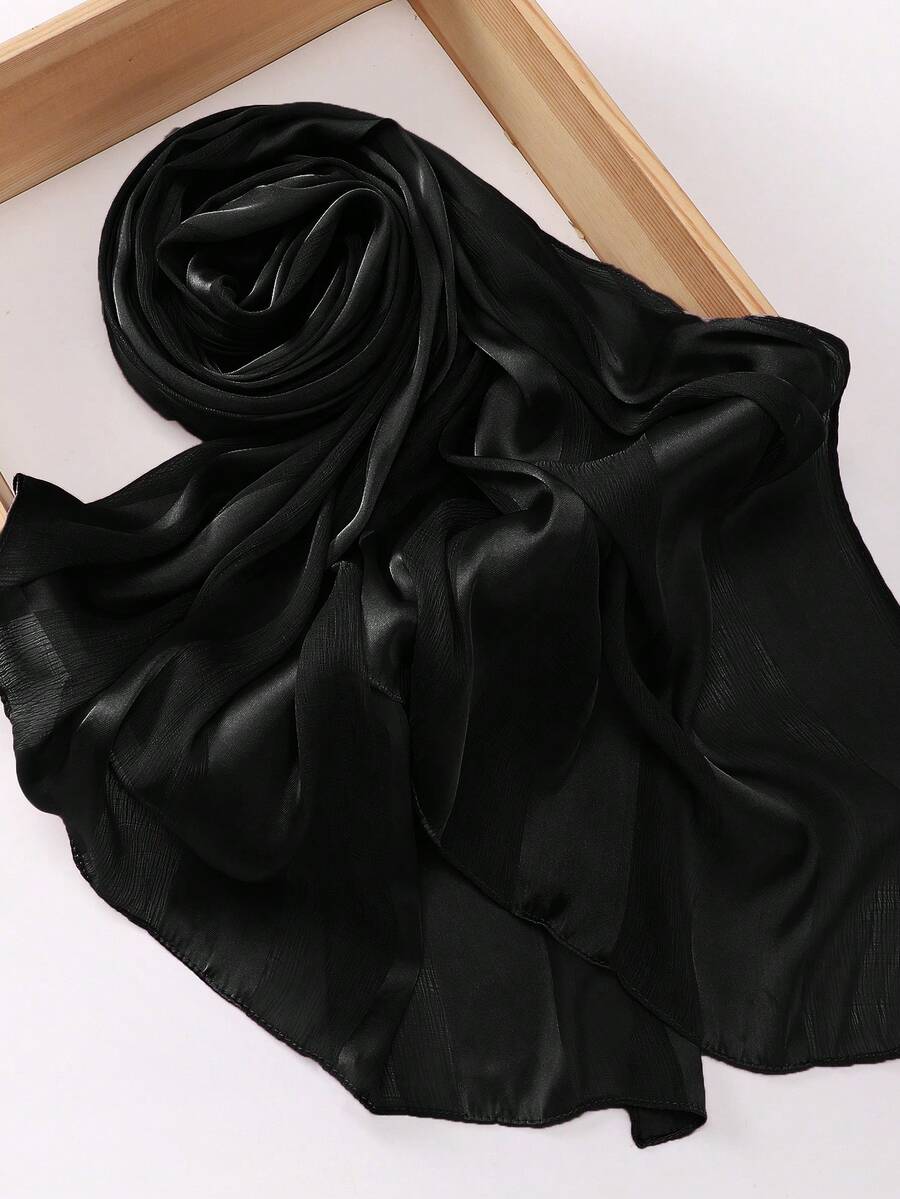 1pc Pleated Satin Headscarf, Versatile Solid Color Women Scarf - Black - View 1
