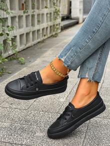 秋冬大码女式白色运动鞋，百搭校园休闲平底运动鞋，系带时尚运动鞋 - 黑色 - 查看 5