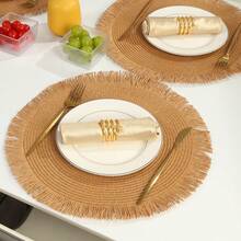1pc/4pcs/6pcs/120pcs Woven Tassel Placemat Insulation Mat, Hotel & Restaurant Tableware Decoration, Paper Woven Living Room Desk Pad, Anti-Slip Desk Mat - Tassel Woven Placemat - View 3