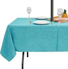 LUSHVIDA Outdoor Tablecloth With Umbrella Hole - Patio Table Cloth Zippered Rectangle 60x84 Inch, Faux Linen Table Cover Water Resistant For Picnic Outside, Natural Color