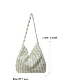 Collegiate Style Light Green Stripe Shoulder Bag For Women, Minimalist Casual Tote Bag, Lightweight Canvas Commuter Bag