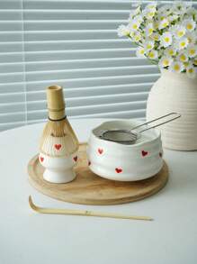 1pc/2pcs/4pcs/5pcs Hand-Painted Heart Matcha Tea Set, High-Quality Heart Shaped Matcha Bowl, Matcha Whisk, Tea Scoop, Full Set Of Cute Fresh Matcha Utensils, Suitable For Matcha Beginners, Gift For Matcha Lovers, Birthday Present Back To School