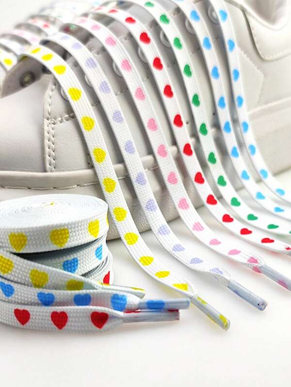 Multicolor Heart Shaped Canvas Shoelaces, Yellow, Red, Purple, Green, Light Blue
