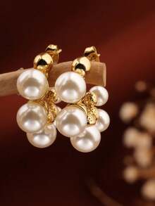 1 paire de boucles d'oreilles en forme de U géométrique avec faux perles, plaquées or 18 carats en acier inoxydable. Boucles d'oreilles de luxe, de mode et élégantes, convenant pour le port quotidien et les soirées, cadeau idéal pour la petite amie - Doré - Voir 5