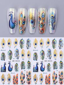 2 pièces Autocollants d'art pour ongles 3D élégants avec plumes de paon, décalcomanies de paon vert et or de luxe. Décalcomanies adhésives pour ongles DIY, décoration d'ongles pour femmes, fournitures pour ongles - Multicolore - Voir 6