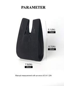 1pc Black Hollow Out Lightweight Foldable Simple Perforated Breathable Contrast Color Knitted Handbag Wristlet Bag, Suitable For Beach, Travel, Photography, Students - Black - View 3
