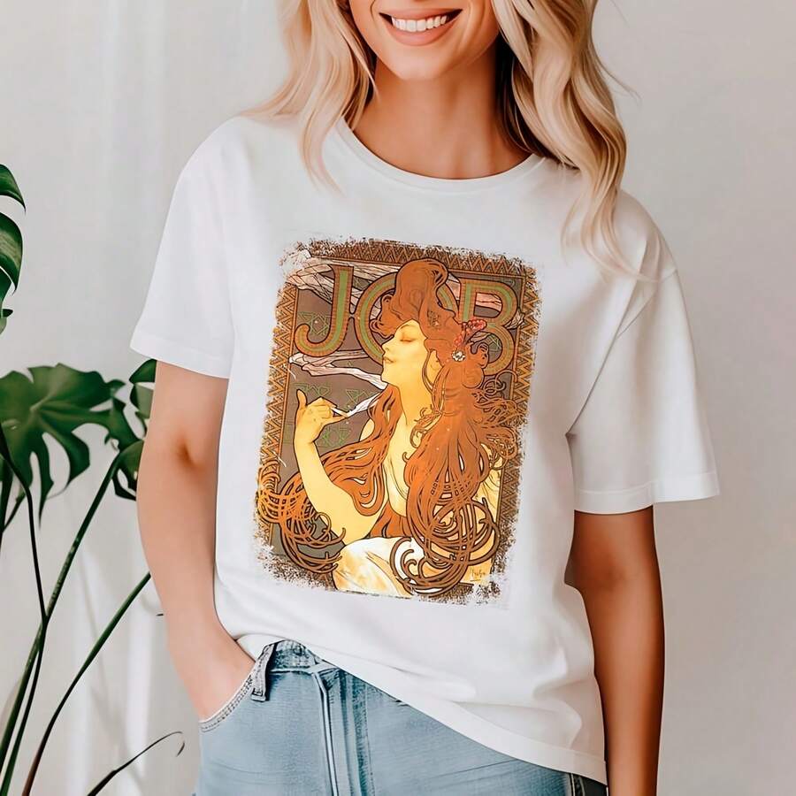 Job By Alphonse Mucha Art Nouveau Vintage Poster T-Shirt, Uni Shirt Gift For Art Lovers, Job Ettes, Famous Artist Fine Art 220G Pure Cotton T-Shirt - Casual Style, Perfect For Fall And Winter, A Thoughtful Day Gift For Family Andtops For Wo, Clothes Wo,Vintage,Vintage Clothes Wo,Cotton,Summer Clothes Wo,Summer Tops Wo, Mujer, For Wo,Cute,Goth,Inawly,Red White And Blue,Camia,Ry,Ing,Graphics Woman T Shirts,Retro,Embroidered,Casual,Tops,Graphic S,Graphic S Wo,Musera,Beach,S - White - View 1