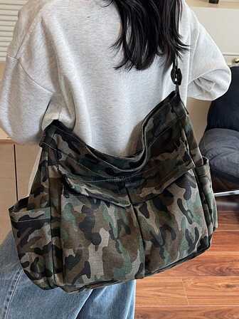 Ny casual fashionabel kamouflage militärgrön unisex stor kapacitet axelväska i kanvas med flera fickor, bohemisk stil, europeisk och amerikansk, lämplig för college, vardag, utflykt, fitness, shopping, halvmåneformad handväska för kvinnor