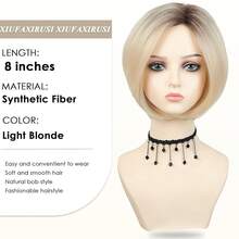 Party Wig-Short Blonde Wigs White Women Straight Wig With Cute Bangs Chin Length Wig Daily,Party Use - 金髮女郎 - 查看 4