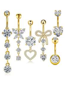 7pcs Set Copper Micro-Inlaid Flower Tassel Navel Rings, 316 Stainless Steel Rhinestone Navel Piercing Jewelry Valentines - Silver - View 12