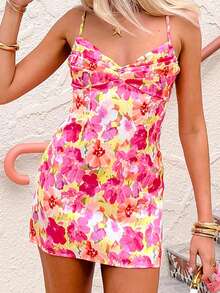 Women Sleeveless Spaghetti Strap Dress Summer Floral Print V-Neck Mini Party Dress For Vacation Cocktail Streetwear - Màu sắc - Xem 2