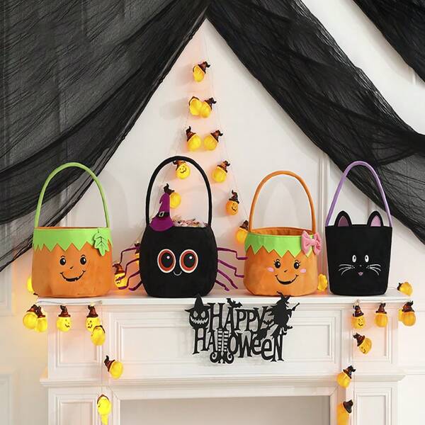 Halloween Trick Or Treat Bucket,Halloween Jack-O-Lantern Candy Basket Spider Bucket Halloween Bucket,Trick Or Treat Bowtie Green Leaf Pumpkin Bucket Cauldron Kettle Candy Rack,Halloween Party Supplies Decoration