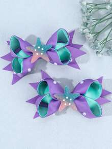 2 件女孩海洋主题发夹蝴蝶结，渐变闪光贝壳/海星饰物和白色珍珠装饰，缎带蝴蝶结，航海时尚发饰，适合海滩度假/夏日派对/泳池日 - 彩色 - 查看 11