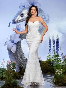 Đầm dạ hội trang trọng thanh lịch đính ngọc trai cho nữ, trễ vai màu trắng - trắng - Xem 3