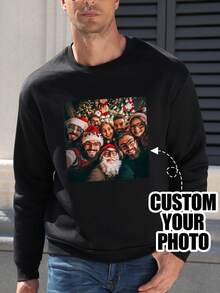 Customized Christmas Personalized Photo Printed Men's Black Crew Neck Sweatshirt, Upload Your Photo/Pet Photo/Family Photo, Suitable For Halloween, Christmas, Birthday, Valentine's Day, Father's Day, Party Anniversary - Black - View 1