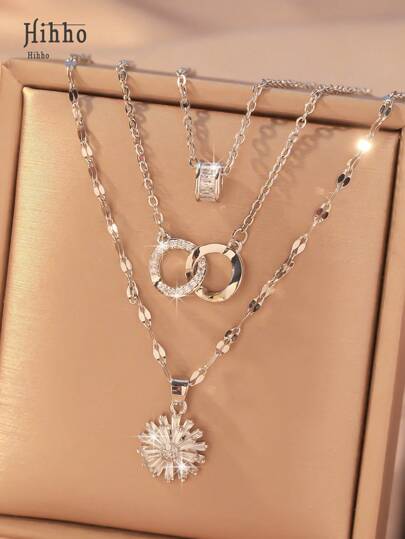 Hihho 3 peças/conjunto elegante minimalista strass embutido floral duplo anel pingente colares, conjunto de colar de aço inoxidável, adequado como acessório diário e presente para mulheres