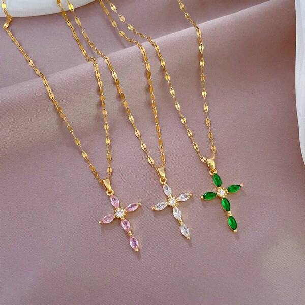 1pc Light Luxury, Fashionable Temperament, Gorgeous Full Diamond Cross Necklace, Female Internet Celebrity, Wild Clavicle Chain, Titanium Steel Chain
