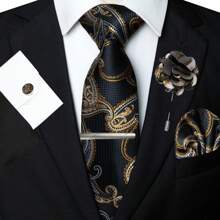 Juego de 5 piezas, corbata clásica de hombre con estampado de cachemira, corbata de tela de 1200 agujas con flor de anacardo, pañuelo de bolsillo, gemelos, clip de corbata y alfiler de solapa, adecuado para hombre en trabajo, negocios, formal, boda, casual y graduación