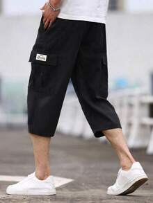 1 件青少年/男童宽松休闲百搭工装短裤，带口袋和印花图案，及膝长度，春夏秋季 - 黑色 - 查看 2