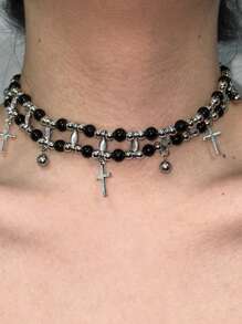1 pièce Collier ras-du-cou style gothique avec croix à plusieurs couches et perles, en alliage, multicolore, convient pour les fêtes, les dîners, les anniversaires, les cadeaux de vacances