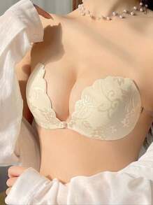 1pc Skin-Colored Lace Invisible Push-Up Sticky Bra, Randomly Comes With Clear Straps